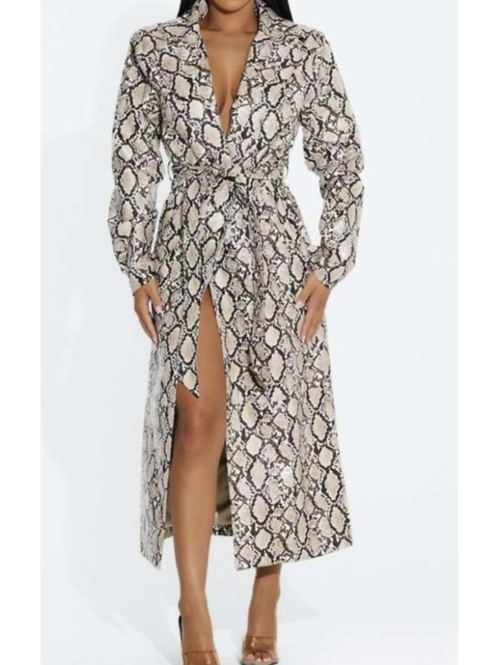 Naked Warderobe Cold Hearted Snake Skin Trench Coat Cream & Brown Size S NWOT